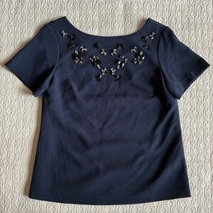 Banana Republic Embellished Jeweled Blouse Top Navy Blue V-Back Women’s XS